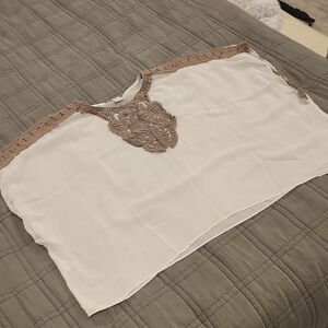 Bar III Oversized Sheer White Blouse with Tan Detailing Size XS!